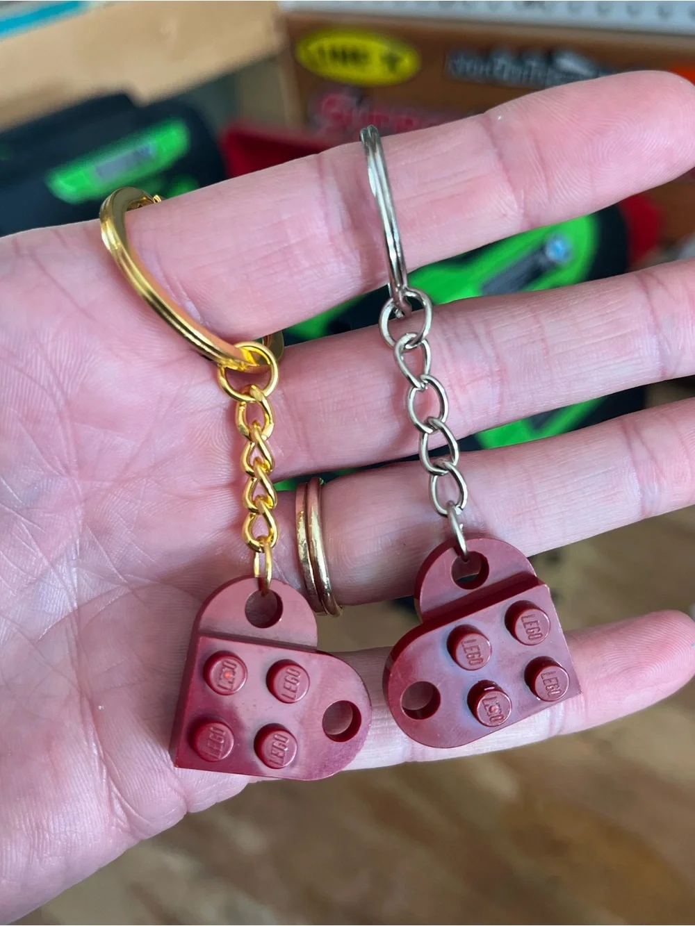 ONE Lego Burgundy Heart Keychain Handmade- gold or silver color